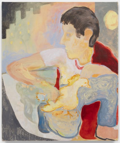 Sam Bornstein,

LES Kid with Cape and Electric Homing Pigeon, 2022.

Cm 61x50-

Mixed media and oil on linen .

€ 5000,00